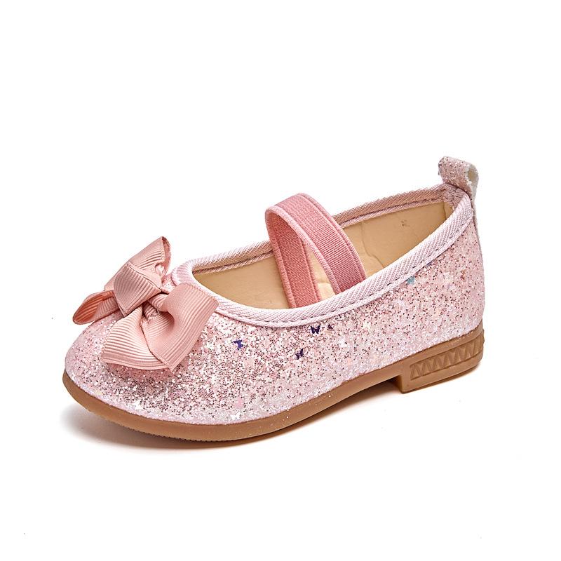 Spring and Autumn Girls' Fashionable Shallow Mouth Sequined Bow Breathable and Comfortable Soft-soled Leather Shoes