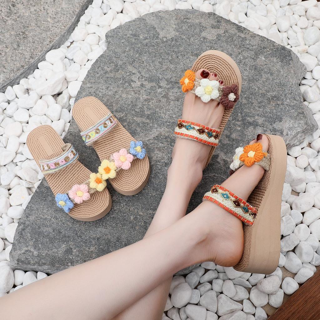 Summer Casual Thick-soled Slippers Women's Outer Wear Flowers Bohemian Ethnic Style Slope Heel Non-slip Fashion Eva Shoes