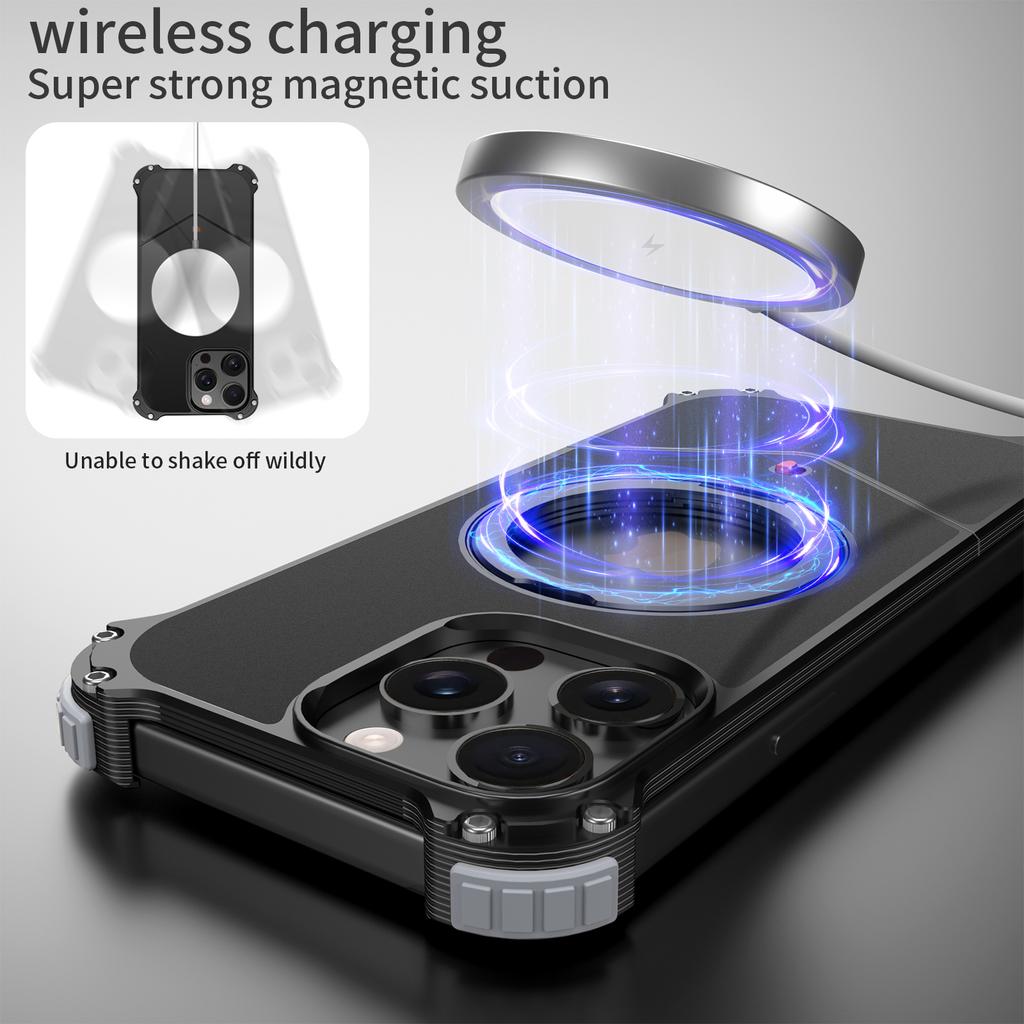 For iPhone 15 Pro Max Case PC+Metal Boardless Phone Back Cover with Kickstand