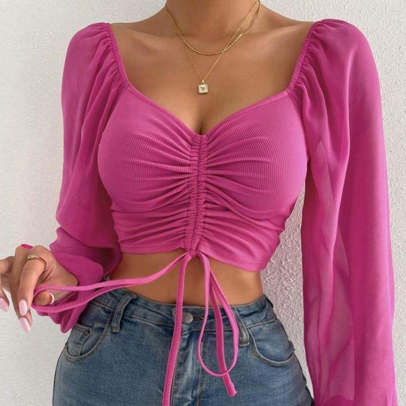 WTEMPO Women's V-Neck Off-Shoulder Blouses Summer Drawstring Bandage Long Sleeve Tops Ladies Korean Fashion Short Clothes