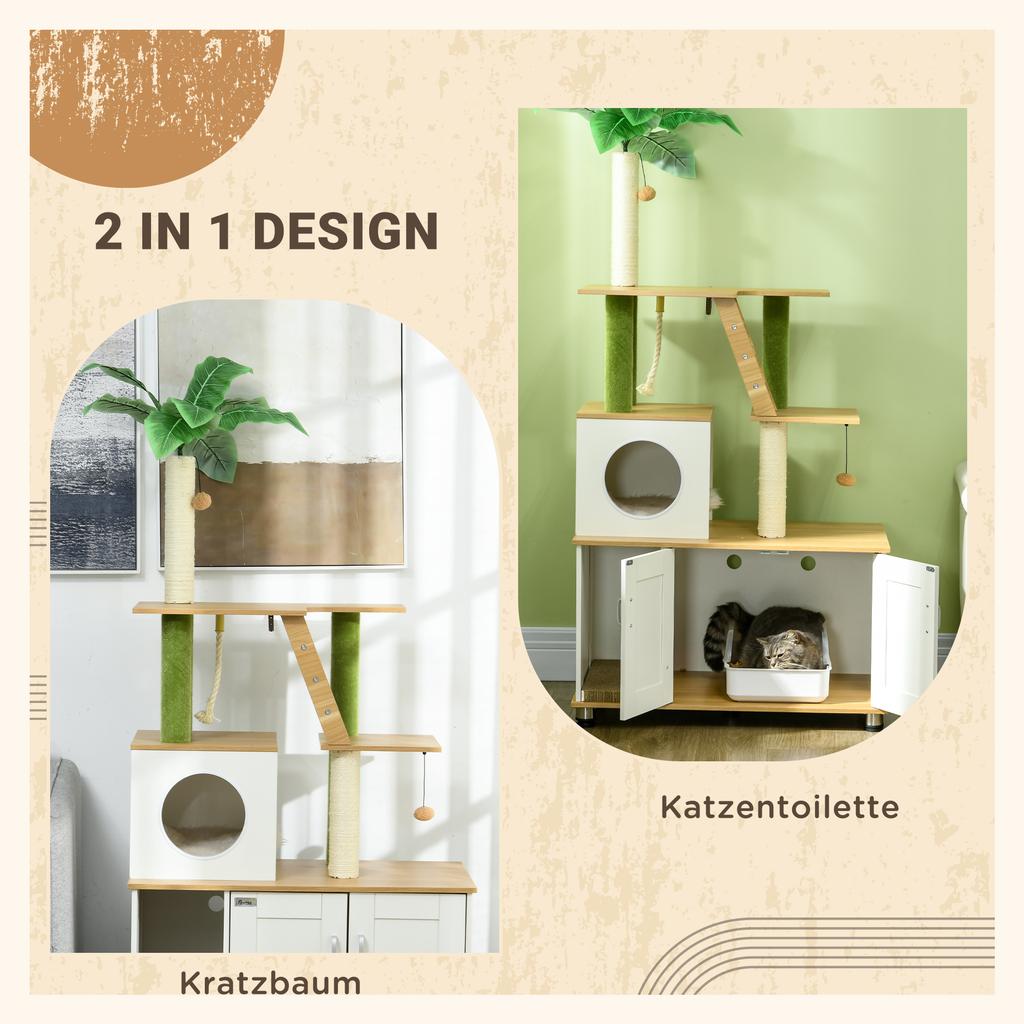 Scratching Post Cat Tree, incl. Cabinet, 1 Cat Cave, 80 x 48 x 160cm, 1 Ladder, Oak + White