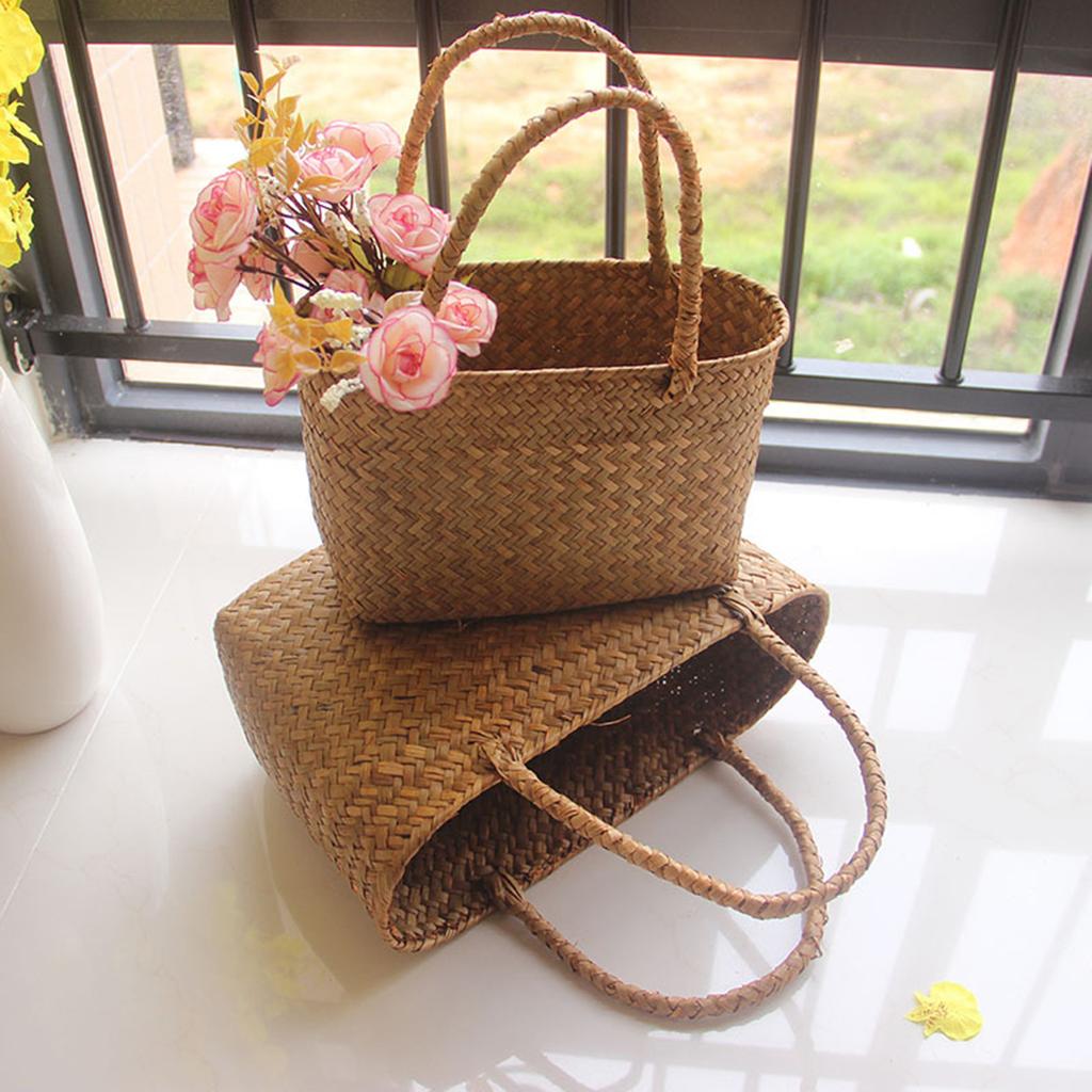 Seagrass Woven Basket Handmade Flower Basket Boho Beach Tote Storage Organizer for Home Decor Wedding Party DIY Craft