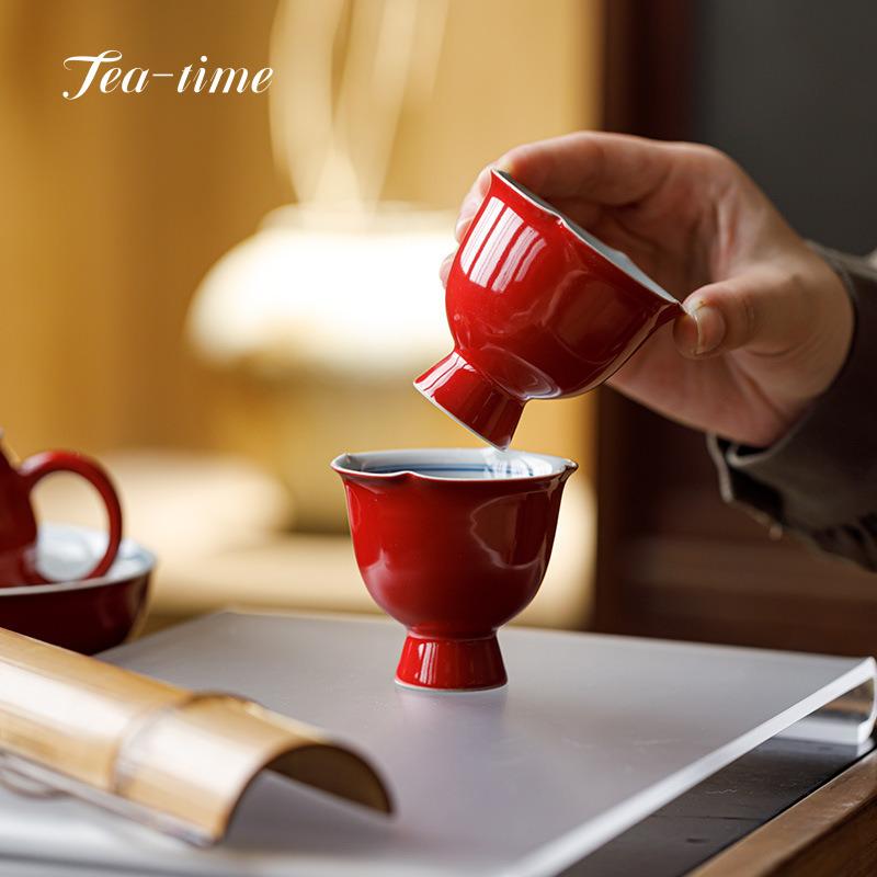 Hand Painted Double-Line Ceramic Tea Cup Forbidden City Red Waist Tea Cups High-foot Teacups Mate Puera Unusual Porcelain Maker