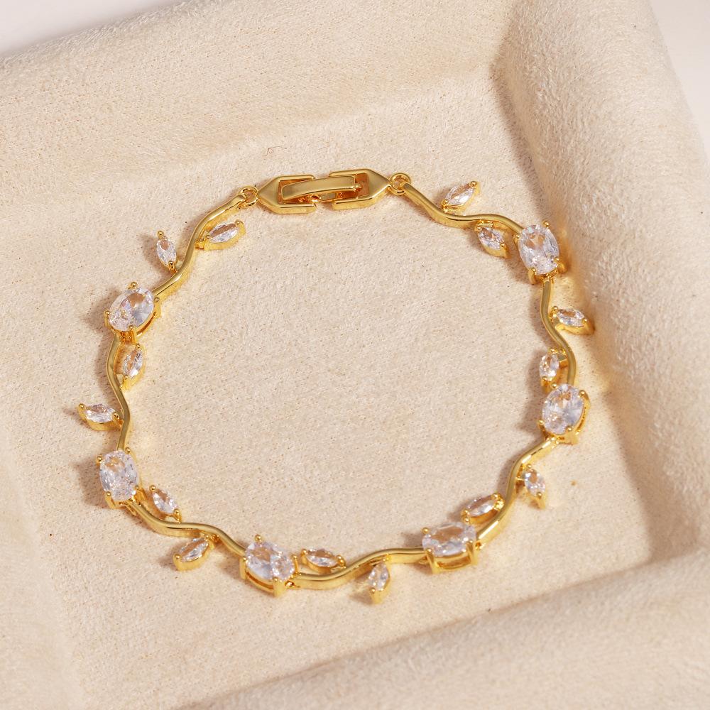 18K Real Gold Plated Brass Multi-Color Leaf CZ Trendy Tennis Bracelet Set Wavy Chain Bracelets with Assorted Gemstones