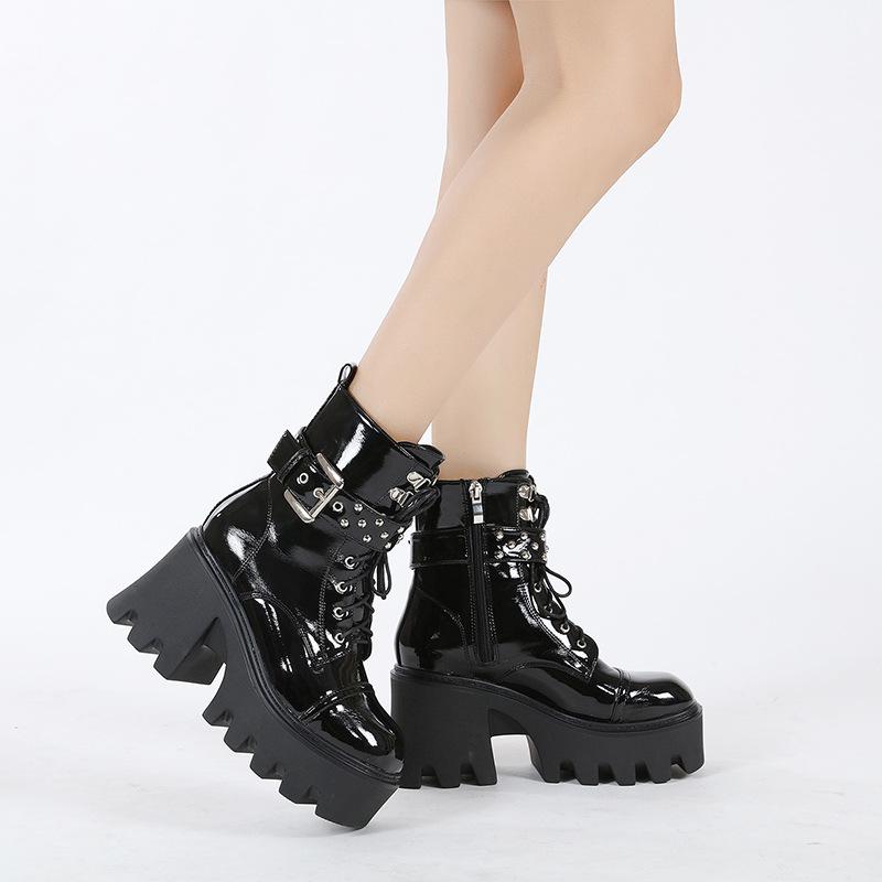 Лакированные готические черные сапоги женские каблуки сексуальные цепочки толстый каблук платформы сапоги женские ботильоны в стиле панк молния556