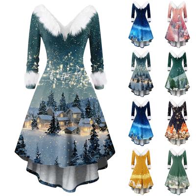 Женское модное повседневное приталенное платье с рождественским принтом для вечеринки с длинными рукавами