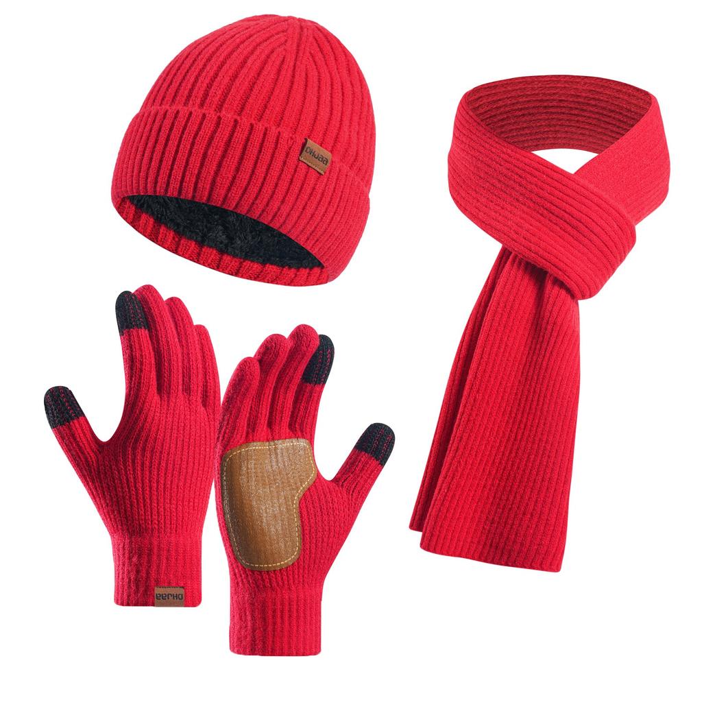 Couple Style Warm Wool Hat Knitted Plus Velvet Thickened Adult Hat Scarf Gloves Three-piece Set