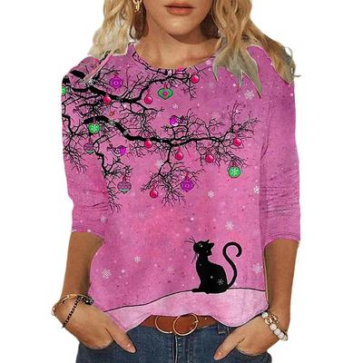 Круглый вырез с принтом 3D Cat Top Модные повседневные длинные рукава женские футболки