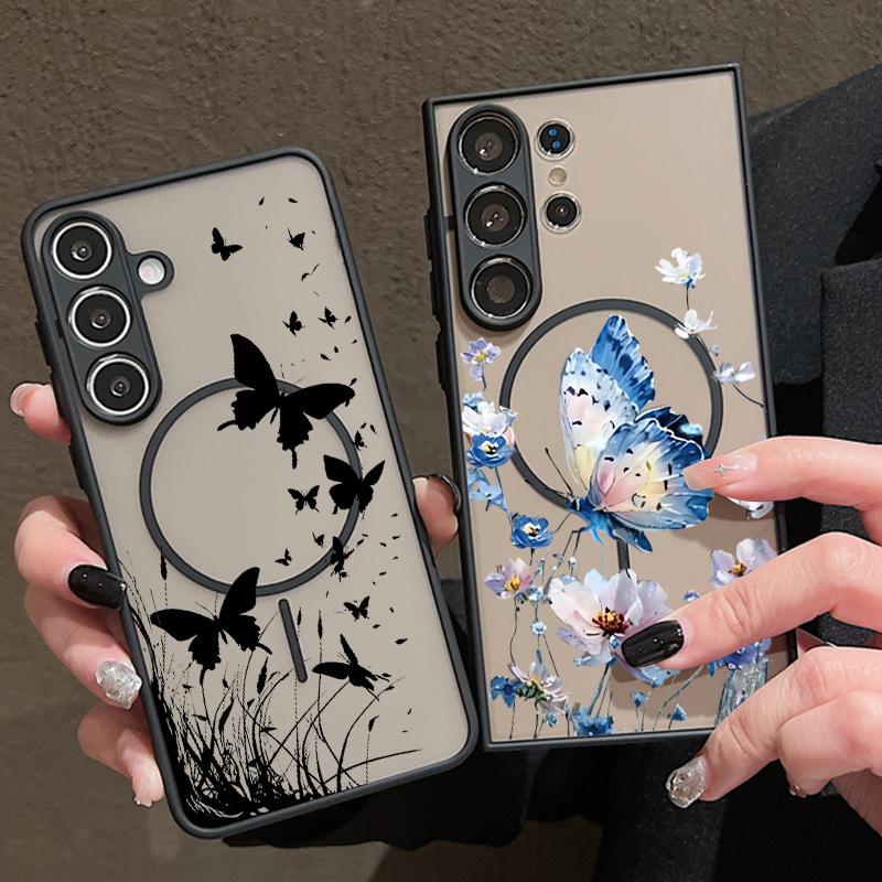 Креативный чехол с узором «Цветы и бабочки» для Samsung Galaxy S26 Ultra S25 Edge S24 Plus S23 S22 S21 FE, магнитный, для Magsafe, матовая крышка
