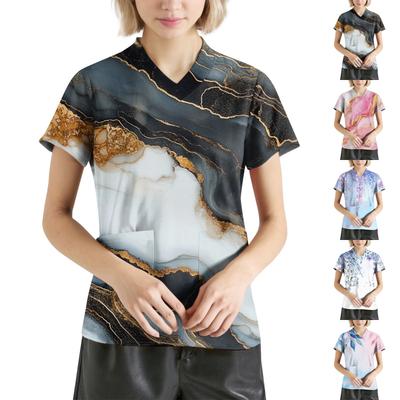 Женская мода с v-образным вырезом, короткими рукавами и карманами, топы с принтом