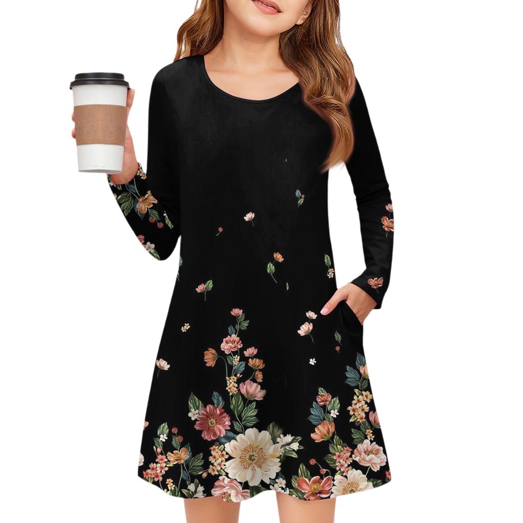 Girls' Long Sleeve Dress - Color Pocket Dress