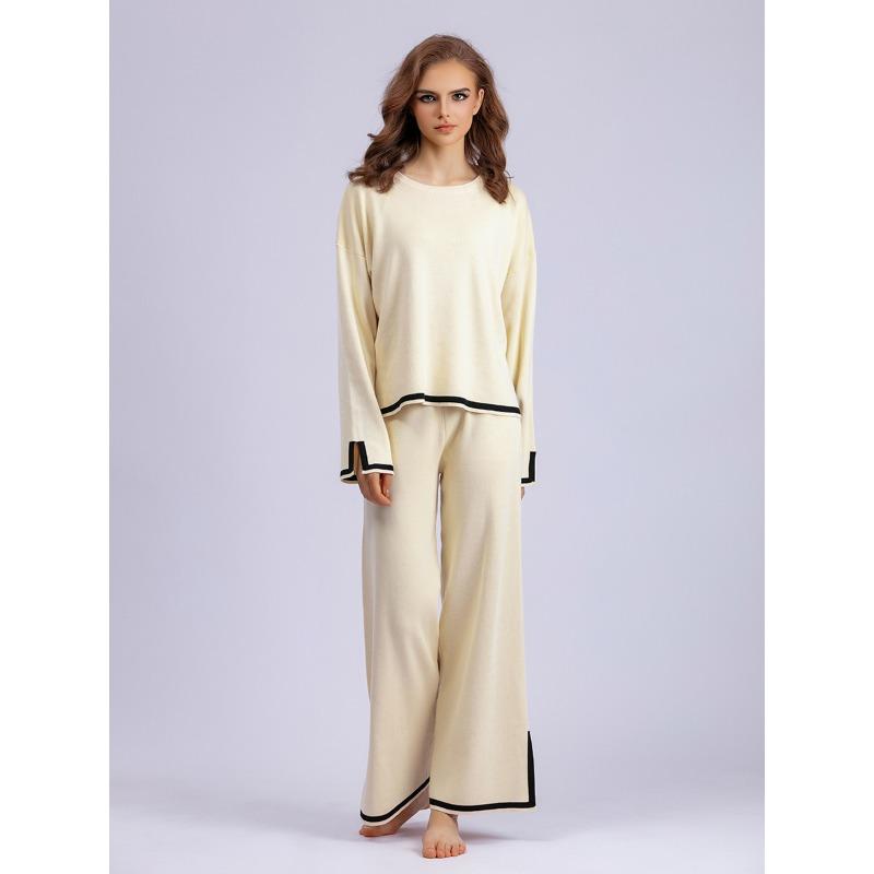 Осенне-зимний женский вязаный свитер, комплект, темпераментный цветной коллизион, топ с длинными рукавами и высокой талией, широкие брюки, две части