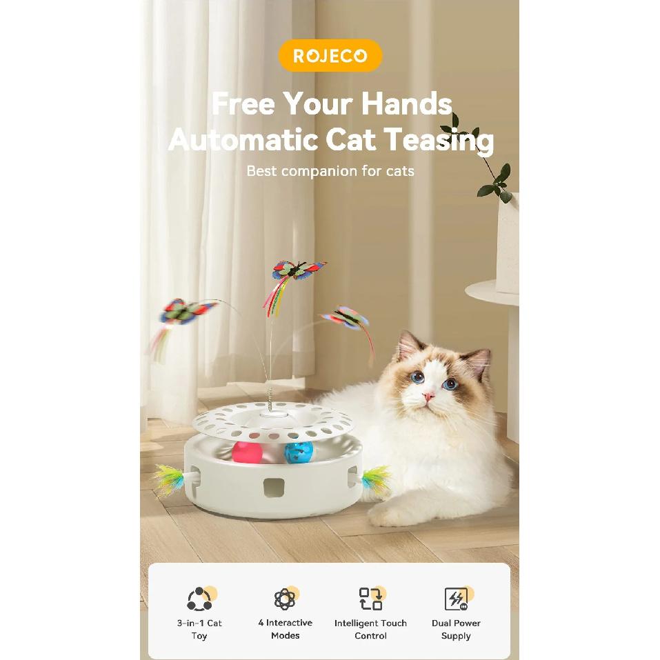 ROJECO Automatic Cat Toy 3 in 1 Electric Butterfly Teasing Toy Track Balls Ambush Feather Interactive Fun Pet Toy Set Cat Supply