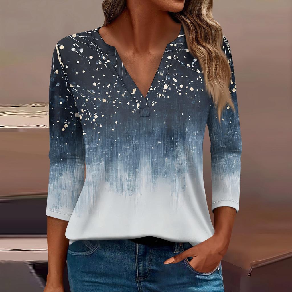 Женская футболка Футболка с принтом Рукав 3/4 Повседневные Выходные Мода Базовый V-образный вырез Обычный топ