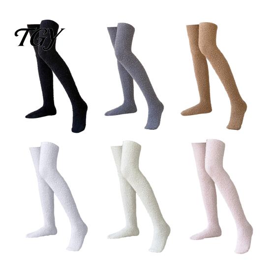 Soft Fleece Sleep Socks 1 Pair Fuzzy Thigh High for Women, Long Fluffy Skin Friendly Plush Hosiery Leg Warmer, Thickened Over The Knee Stockings,