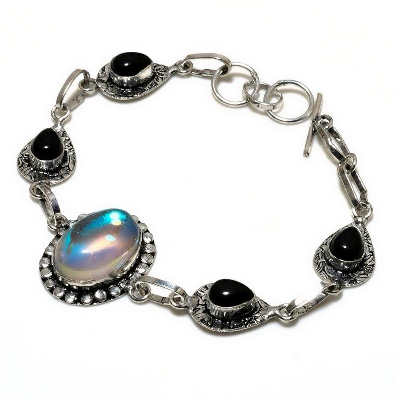Браслет с мистическим радужным топазом, черным ониксом и серебряным покрытием 925 пробы, 6–8 дюймов