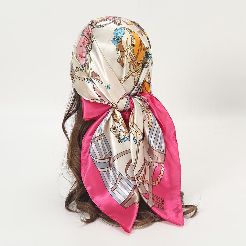 Satin Square Scarf Women Muslim Hijab Elegant Print Silk Neckerchief Shawl Wraps Headband Handle Hair Accessories Bandana