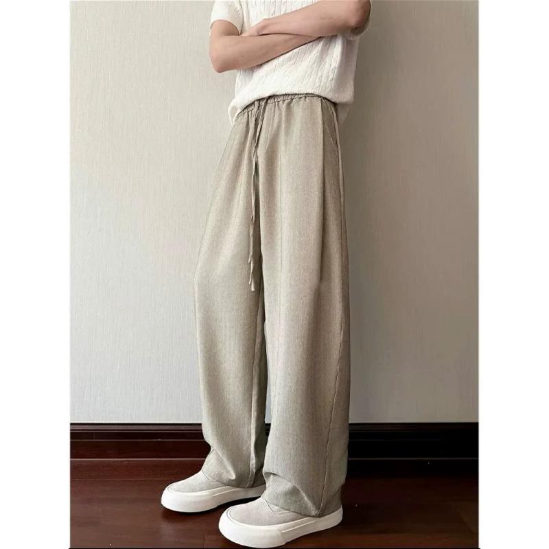 Summer old money vertical drawstring elastic waist straight pants drape comfortable wide leg pants simple versatile men's casual pants