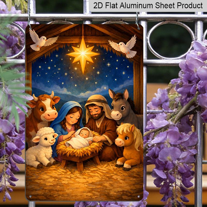 2D Flat Cute Cartoon Holy Family Nativity Dove Star Aluminum Metal Sign‑8.0x12.0inch Christmas Religious Wall Decor, Manger Farm Animals Hanging