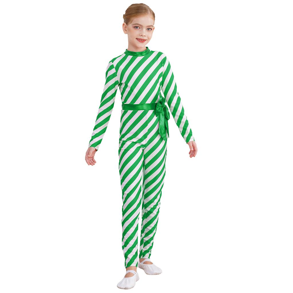 Girls Candy Cane Costume Striped Design Long Sleeve Bow Knot Bodysuit Dance Jumpsuit Christmas Party Outfit