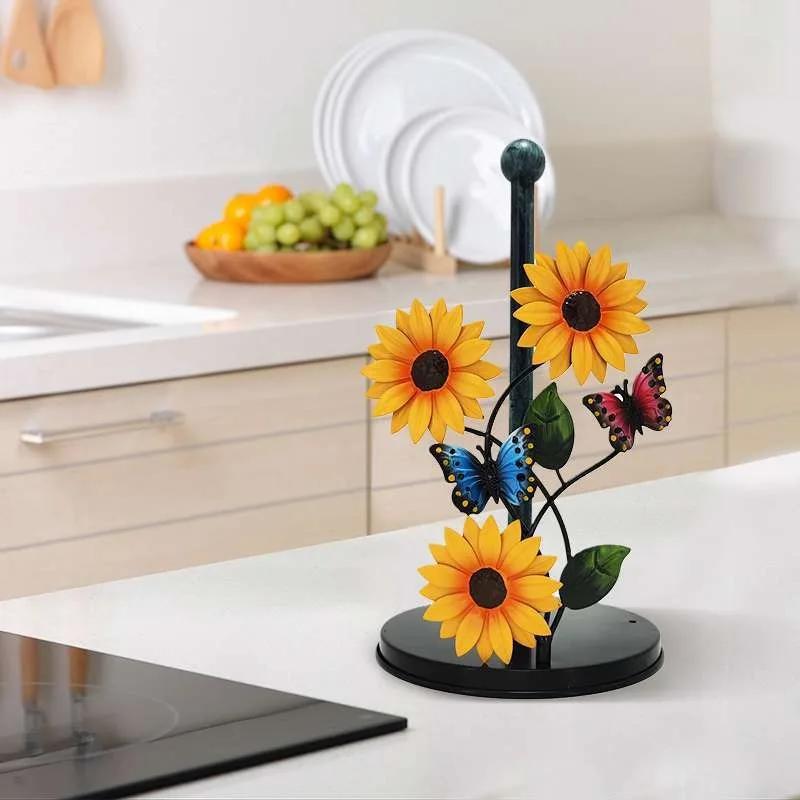 Iron Sunflower Tissue Holder Kitchen Decoration Accessories Living Room Painted Butterfly Vertical Storage Roll Home Decoration