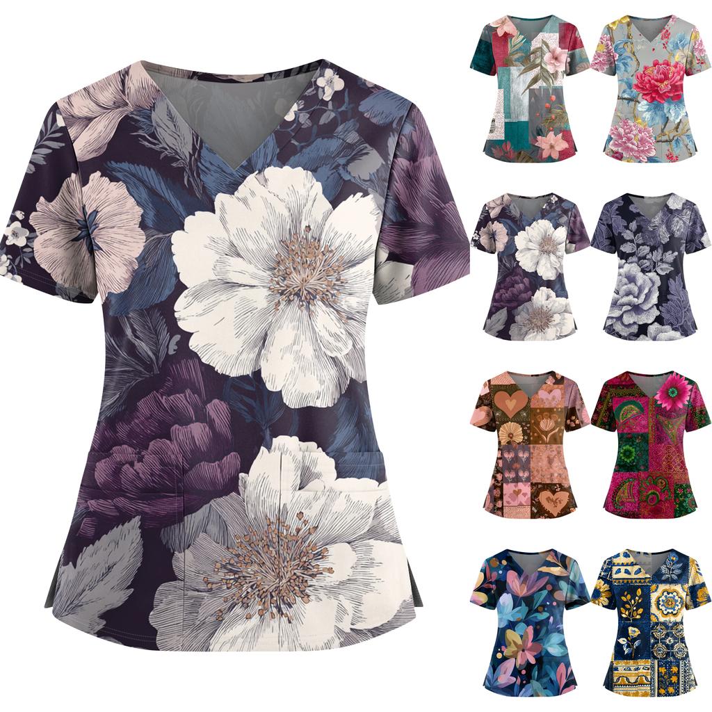 Women's Retro Printed V-Neck Double Pocket Short Sleeves Hem Slit Uniform Caregiver Top