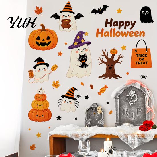 Cute Ghost Pumpkin Wall Stickers Halloween Stickers, And Print Decals, Indoor Party Atmosphere Removable PVC DIY Holiday for Classroom Window