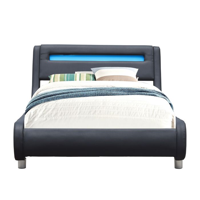 Lit gina pour matelas 90x200 - Sommier Tte de Lit Incurvee Couleur NOIR Pieds en 5 cm - 13 Lattes - revetement PVC