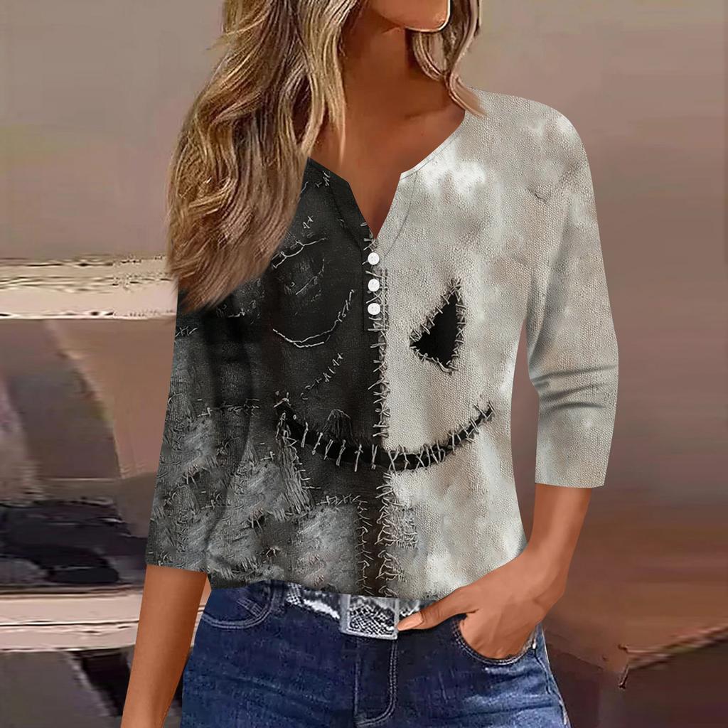Women's Fashion Button-Up V-Neck Three-Quarter Sleeve Halloween Print Top