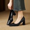 New Women's Small Leather Shoes Comfortable Leather High Heel Thick Heel Women's Single Shoes Beef Tendon Soft Sole Large Size Shoes Casual Solid Colo