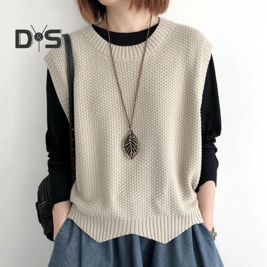 Women Knitted Vest Autumn Winter O Neck Solid Color Wavy Hem Warm Soft Loose Casual Female Ladies Waistcoat Sleeveless Top Knitwear