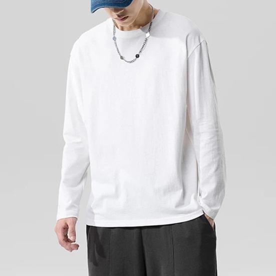 Мужская рубашка с круглым вырезом и длинным рукавом, мягкая дышащая футболка, однотонная, свободный крой, весна-лето, повседневные топы