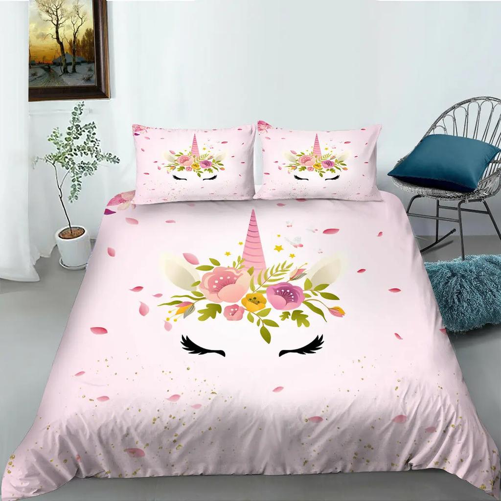 Pink Unicorn Flowers Duvet Cover Set King Queen Double Size Polyester Comforter Cover With Pillowcase For Kids Girls Bedding Set