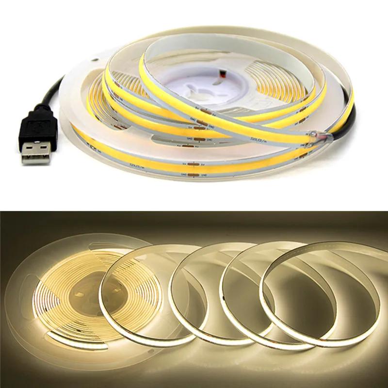 USB COB лента DC5V 320Leds/M Белый/Красный/Желтый Светильник для шкафа Подсветка телевизора Гибкая светодиодная лента для освещения Домашний декор Лампа