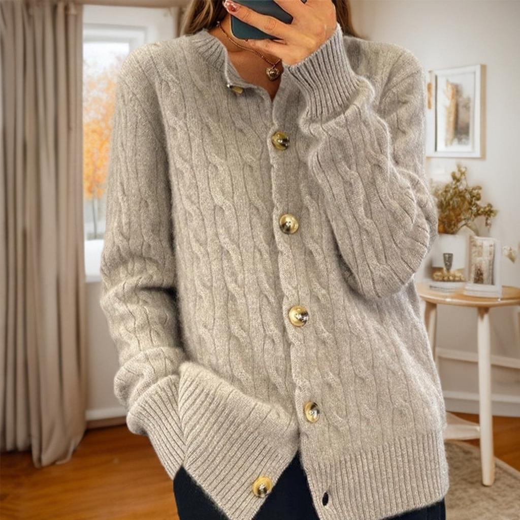 Женская мода однотонный длинный рукав круглый вырез вязаный кардиган пуговиц свитер куртка