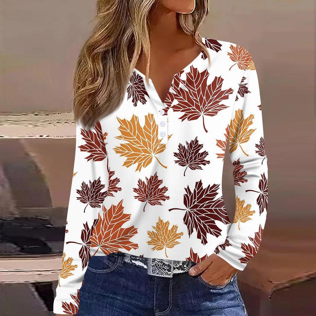 Жен. Футболка Футболка на пуговицах с длинным рукавом Повседневные Выходные Мода Классический Топ с v-образным вырезом Обычный