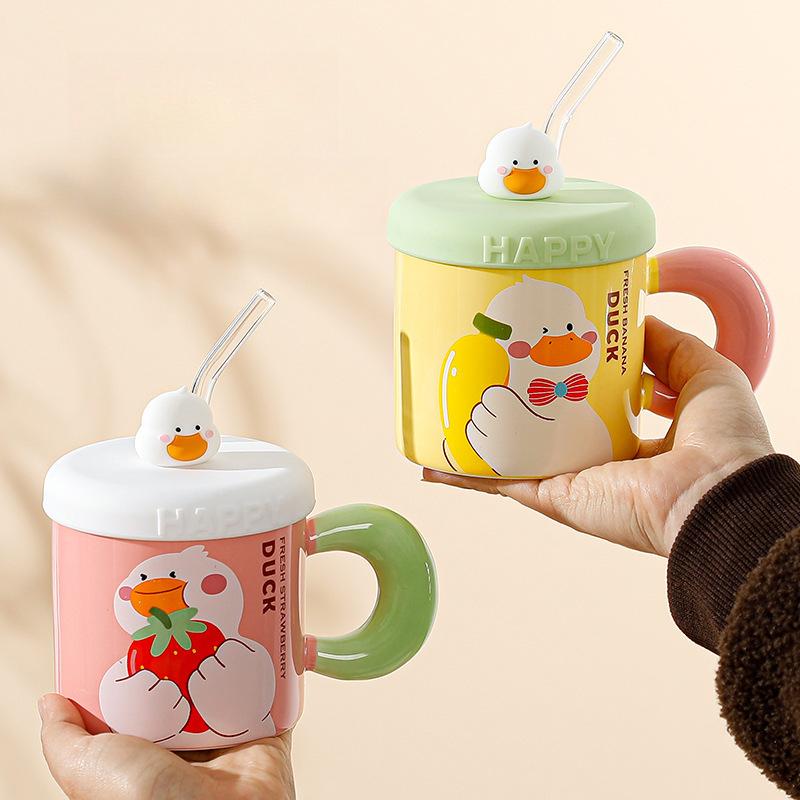 Mug with Lid Straw Cup Cute Little Duck Ceramic Cup Couple Water Cup Creative Souvenir Cup Coffee Cup