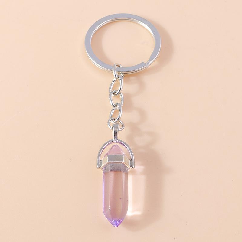 Ethnic Natural Hexagonal Colum Gemstone Sun Keychain Quartz Keyring Pendants for Car Key Handbag Decor Charm Jewelry Accessories
