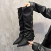 Женские сапоги на высоком каблуке до колена, модные кожаные туфли с острым носком, брендовые зимние трендовые готические туфли «Челси» для мотоциклистов