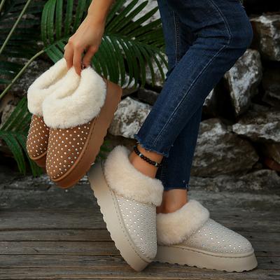 Женские декоративные ботинки из искусственных бриллиантов на мягкой подошве, зимние теплые меховые ботинки-дутики, утепленные подкладкой ботильоны, нескользящие, для пеших прогулок, повседневные кроссовки