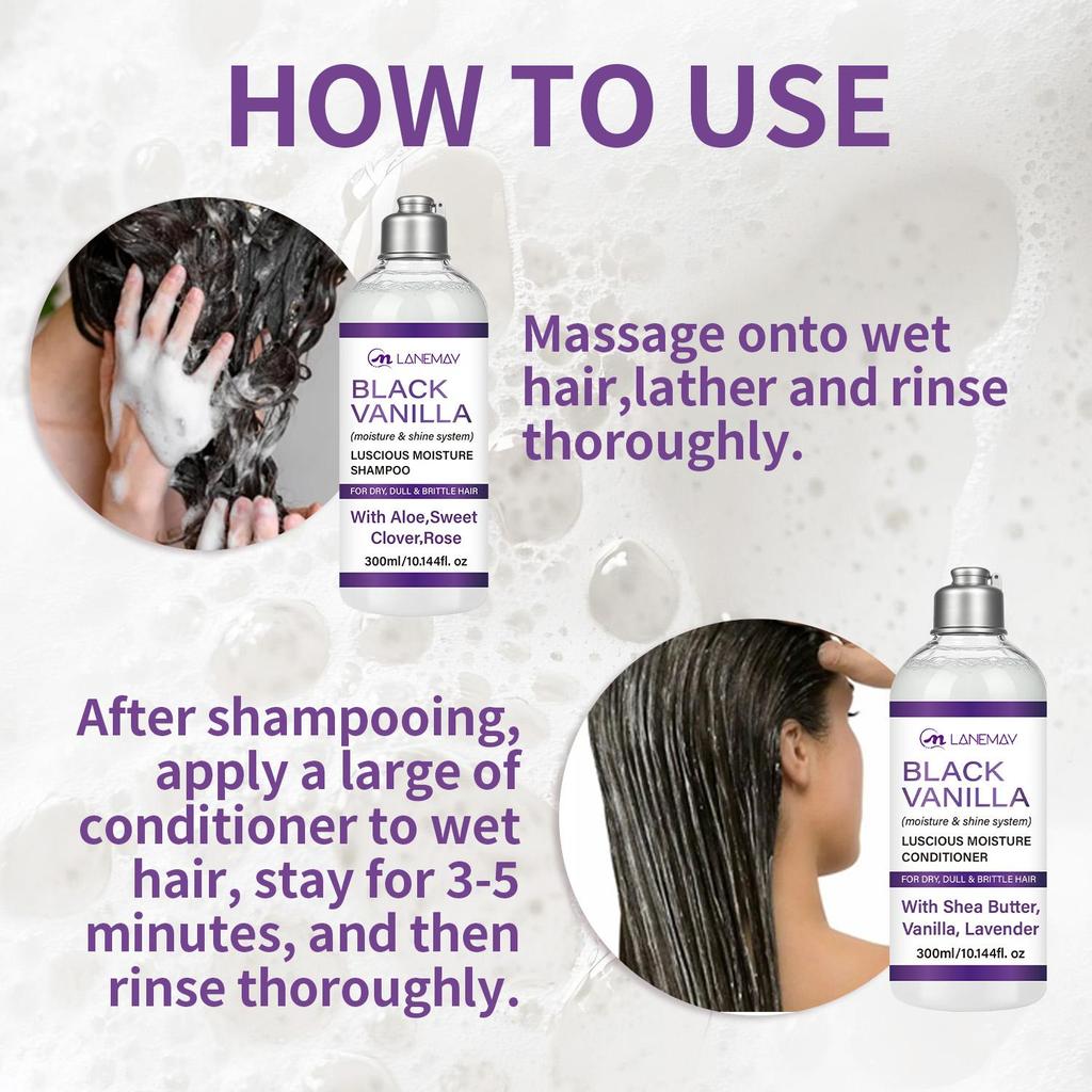 Набор шампуня и кондиционера «Черная ваниль» - Глубокое очищение, увлажнение, восстановление и питание волос - Подходит для всех типов волос, 300 мл + 300 мл