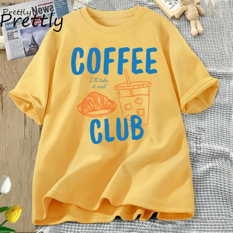 Womens Tshirt Iced Coffee Club T Shirt Women Coffee Lover Retro Coffee Tee Trendy Cotton Short Sleeve Graphic T Shirts