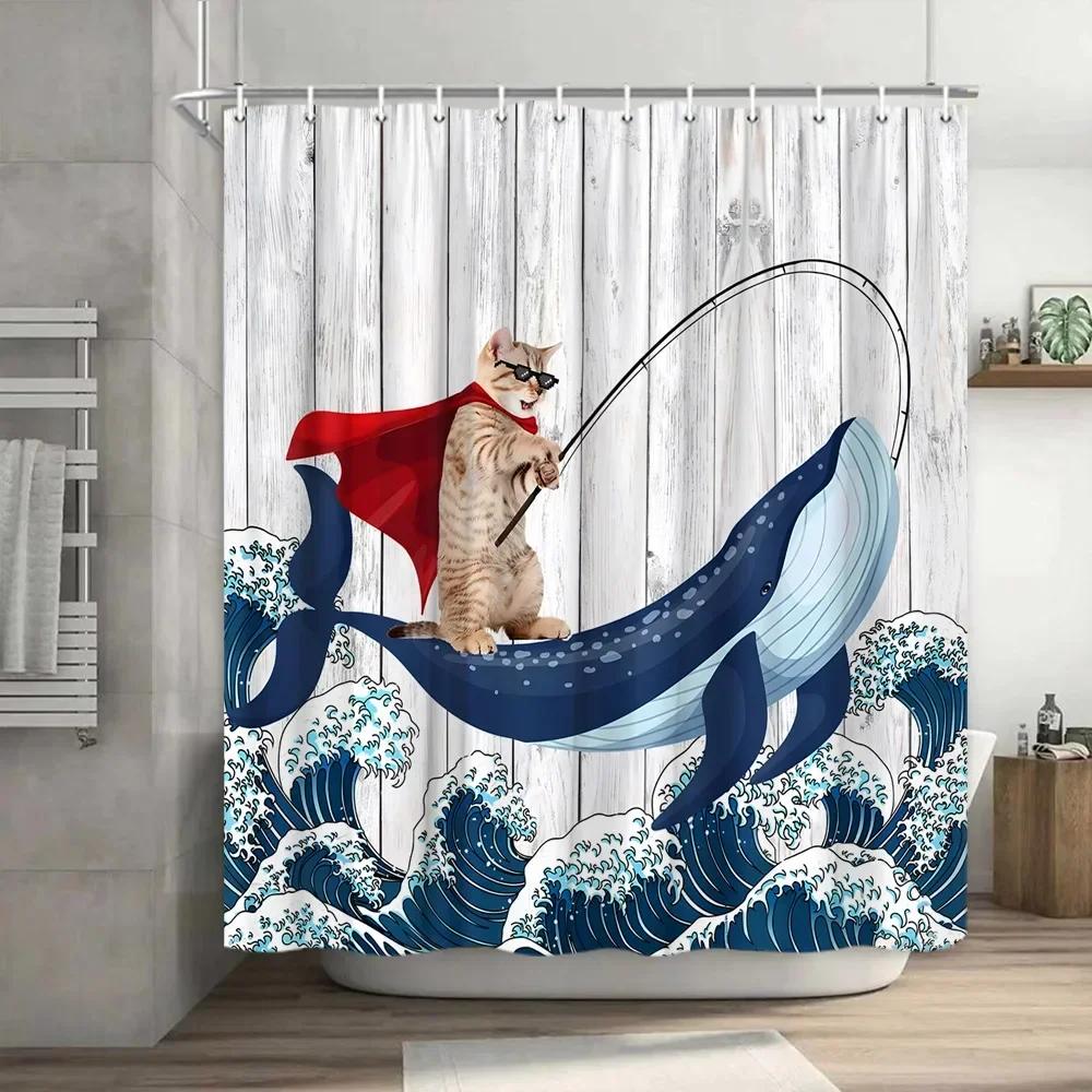 Смешная занавеска для душа Brave Cat Cartoon Душевая занавеска Waves Ocean Decor Ткань Душевая занавеска Set with Hooks Bathroom Decoration