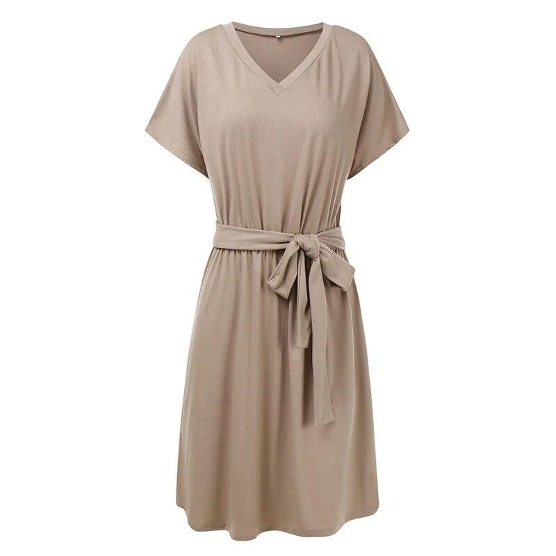 Женское мини-платье с высокой талией и коротким рукавом, базовое струящееся платье, свободное платье с v-образным вырезом, однотонное вечернее платье с поясом
