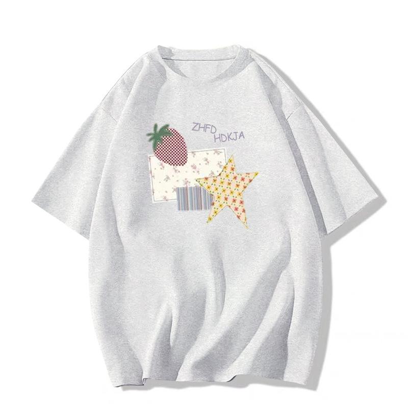 catty pure cotton American retro small man front shoulder short-sleeved t-shirt women's summer loose lazy half-sleeved t-shirt top