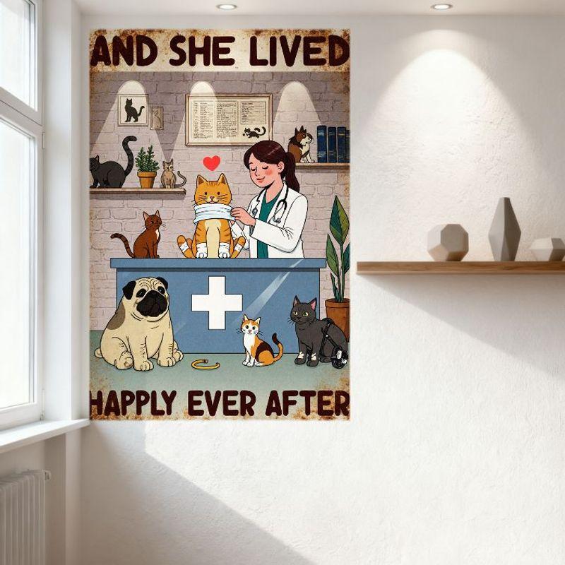 Винтажная тема медицинского кабинета Ветеринар Домашний питомец Постер 'И жили они долго и счастливо' Жестяная табличка Металлический настенный декор для дома Бара П