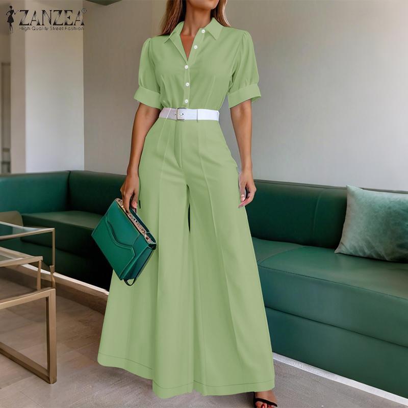 ZANZEA Women Casual Short Sleeve Blouse and Wide Leg Pants Casual Two Piece Suit Sets