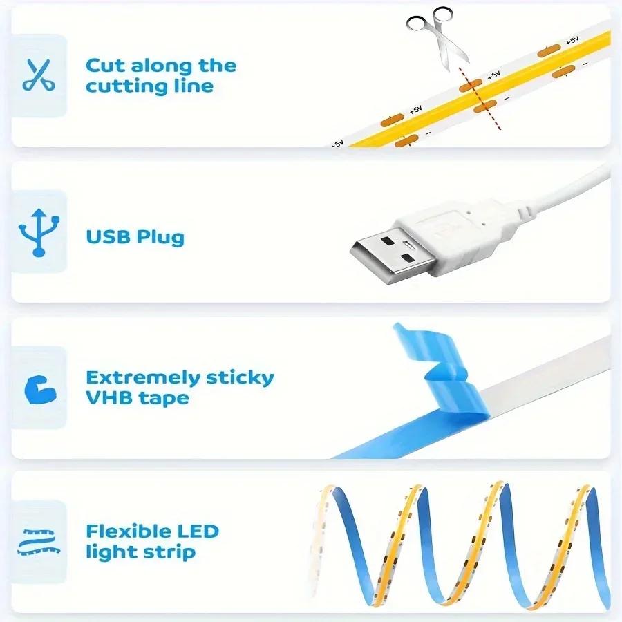 5V USB COB LED Strip Lights Hand Sweep Switch/Touch Control/Push Switch For House Cabinet Room Decoration 1M 2M 3M Lighting Lamp