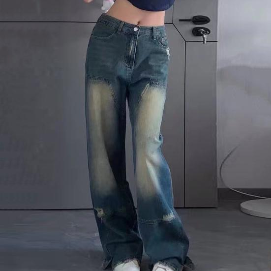 Мужские повседневные джинсы в стиле ретро со средней посадкой и карманами, широкие длинные джинсовые брюки в стиле хип-хоп, рваные джинсы, потертые джинсы