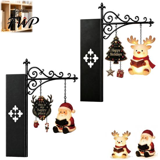 Christmas Gift for Book Lovers Shelf Light, Iron Bookend Night Lamp with Santa Holiday Desktop Ornament Reindeer Snowman, Warm Glow Tabletop